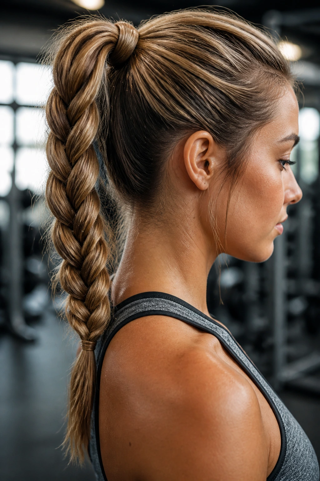 Close-up of wrapped strand around base of high ponytail hiding elastic