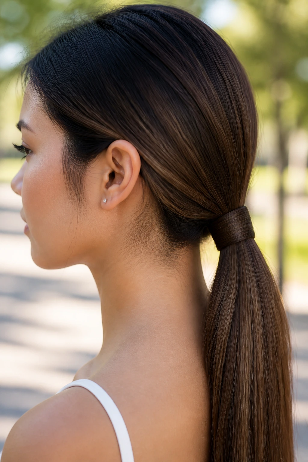 Close-up of a wrapped ponytail with hidden elastic on a real person
