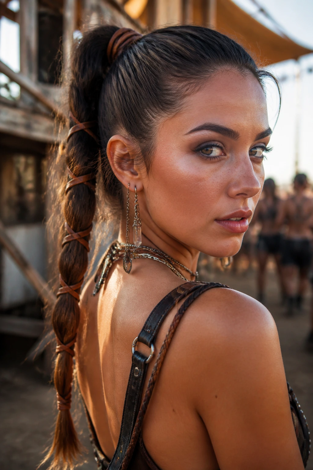 Close-up of a real person with a ponytail wrapped in leather cord outdoors at a festival
