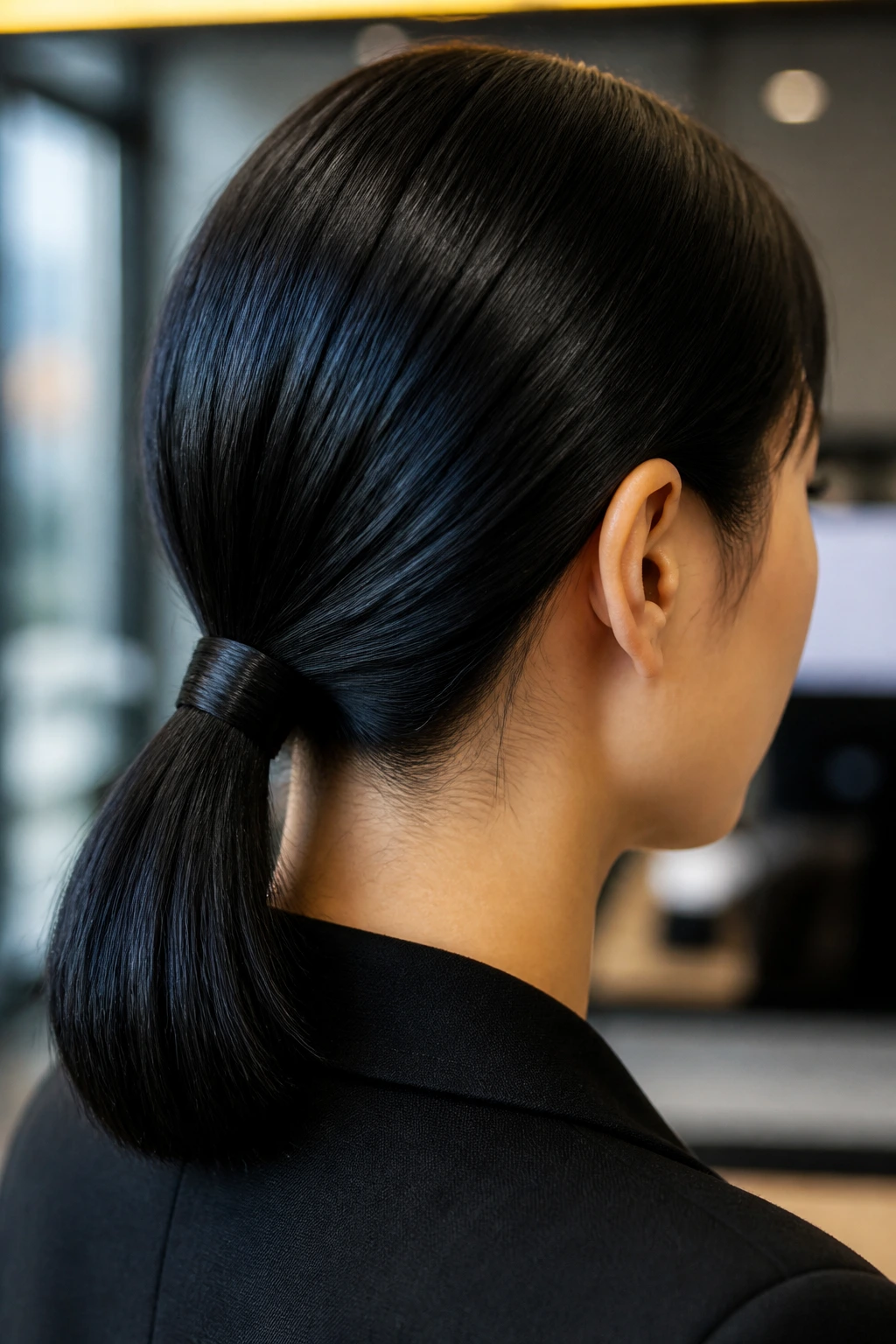 Close-up of a real woman with a wrapped hair tie at the base of a low ponytail