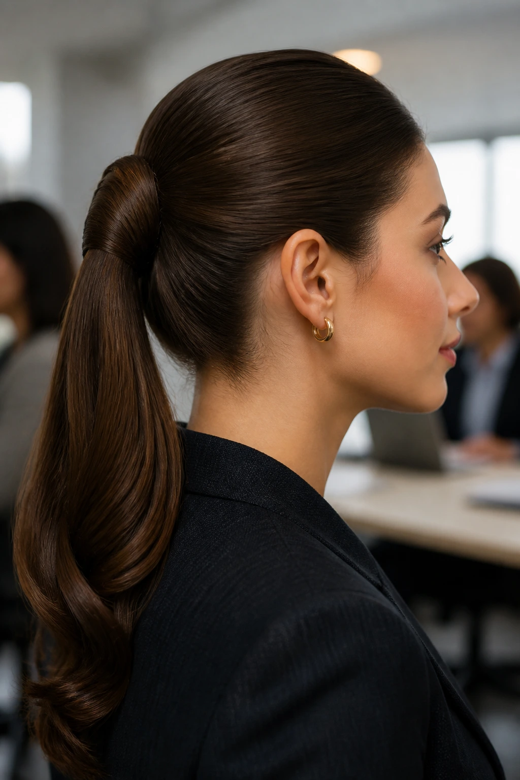 Real woman wearing a Tudor-inspired wrapped ponytail in a professional setting