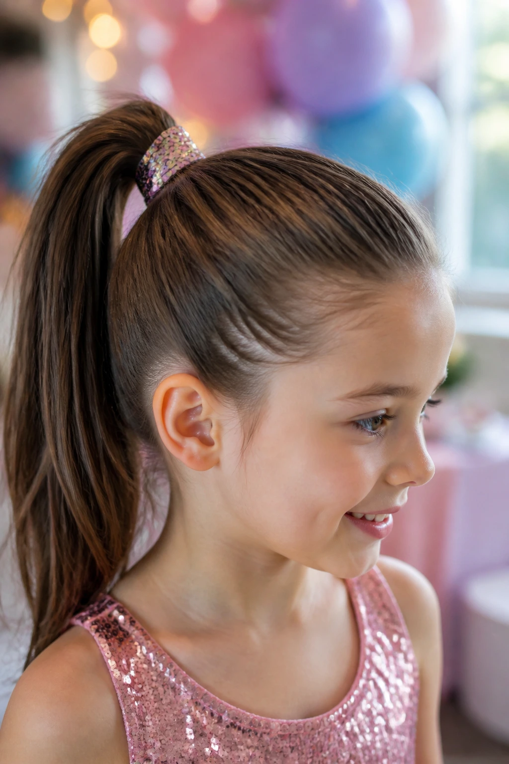 Close-up of a wrapped sequined strand around a high ponytail