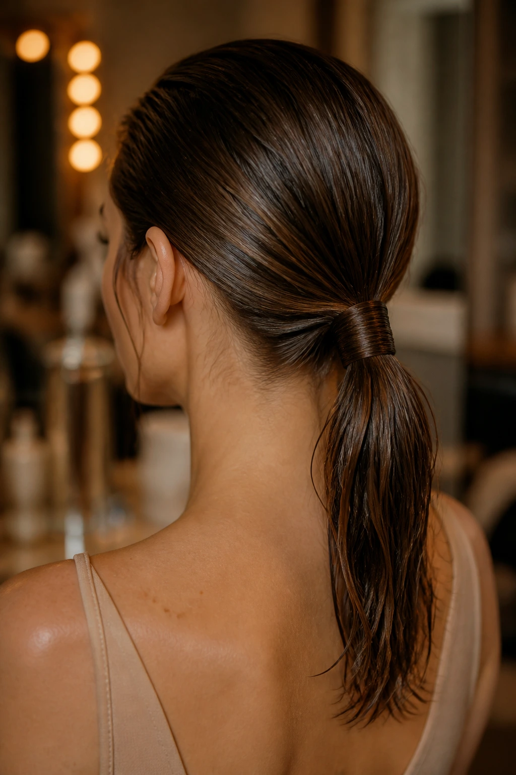 Back view of a real woman with a wrapped strand collar around a low ponytail
