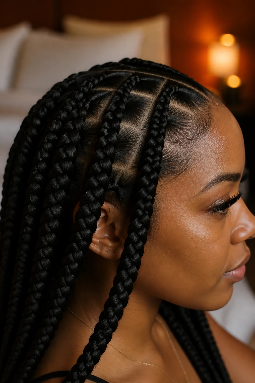 Close-up of a real person with wrapped root braids showing root wrap