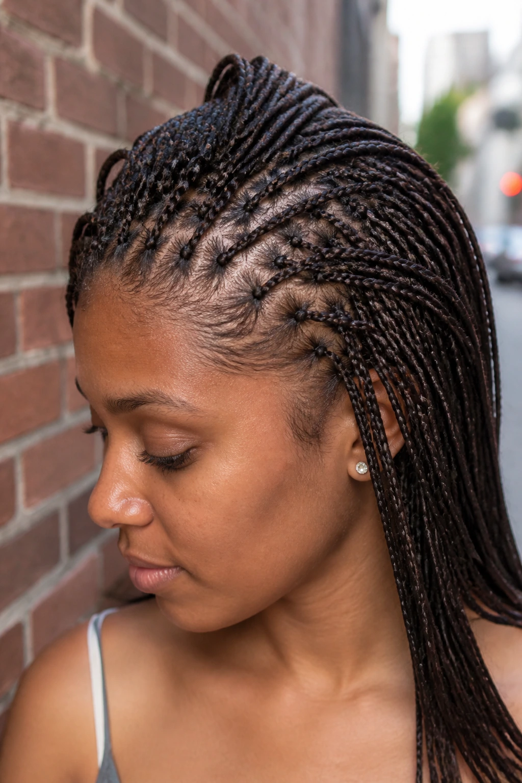 Close-up of wrapped-root micro braids on a real woman's head.