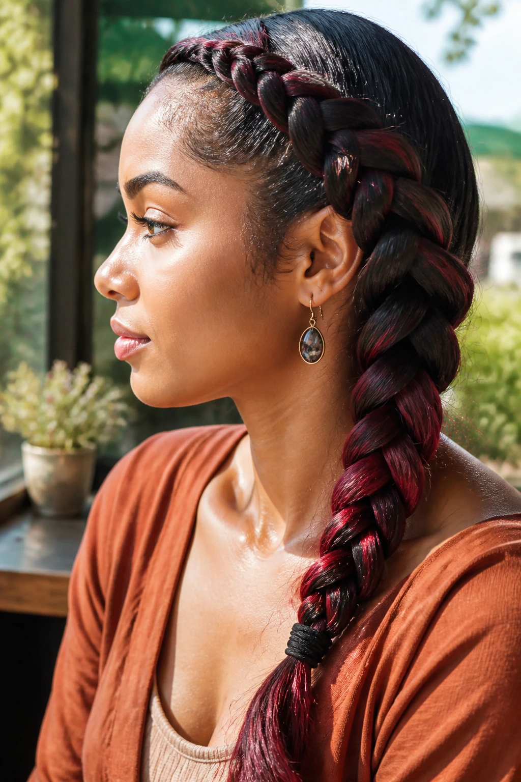 Real woman with a loose side braid wrapped along the head, red tips visible along the braid, cafe window light.