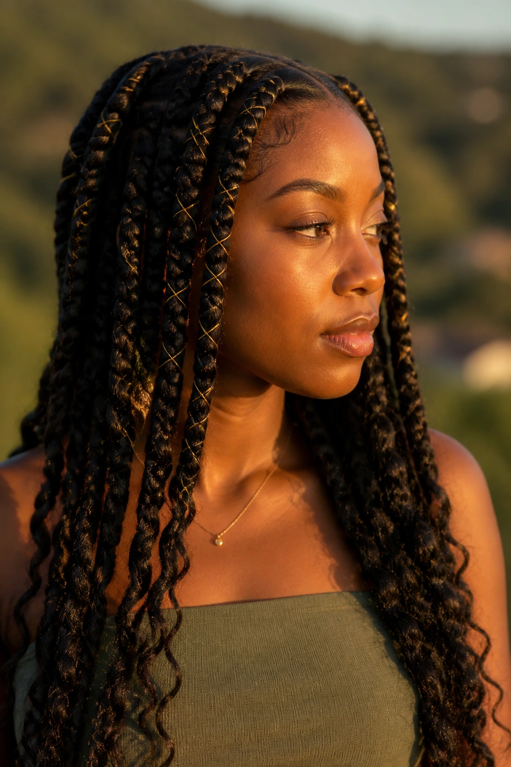 Close-up of wrapped goddess braids with metallic thread on a real woman