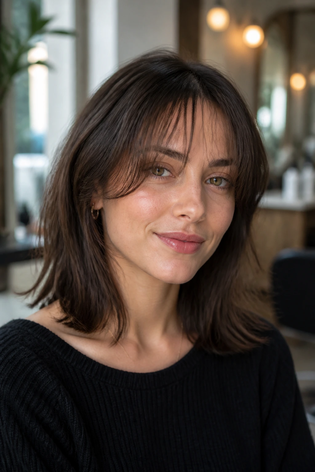 Close-up portrait of a real woman with wispy curtain bangs in a warm salon setting