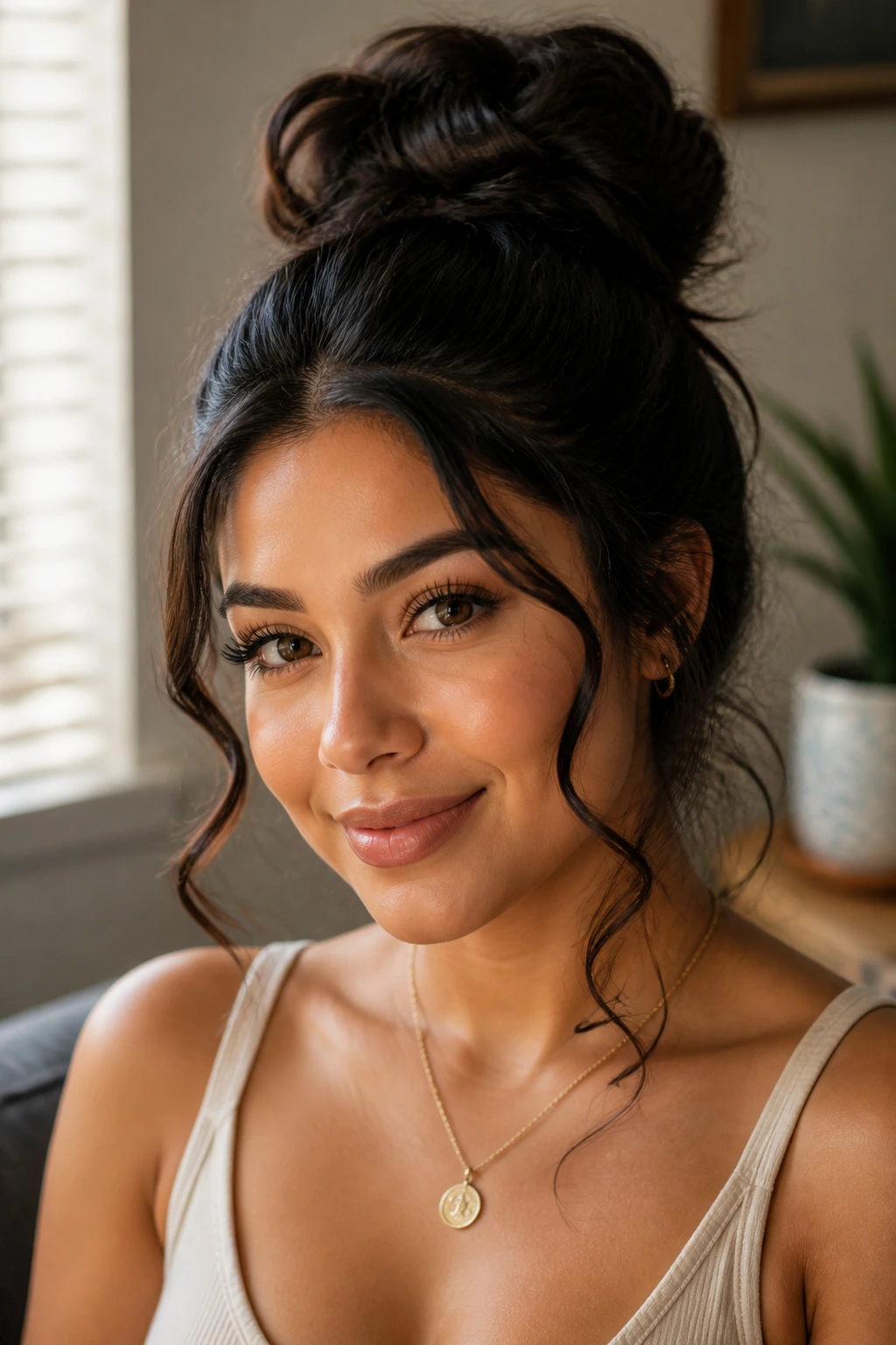 Close-up of a woman with a finished hairstyle in a cozy setting to symbolize wrapping up