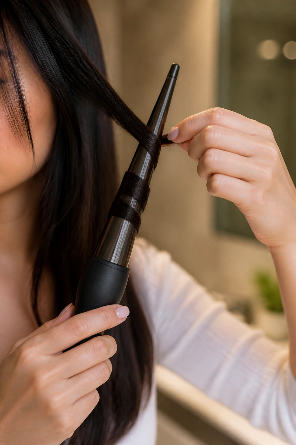 Hands wrapping hair around a curling wand without a clamp on a real person
