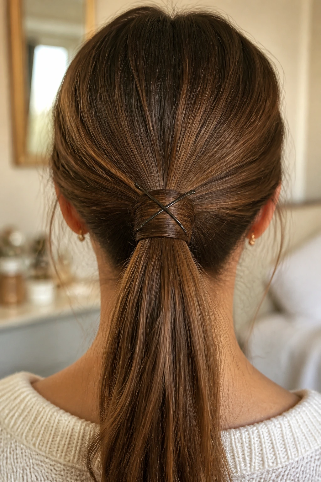 Back view of a real woman with a hidden X-pinned ponytail