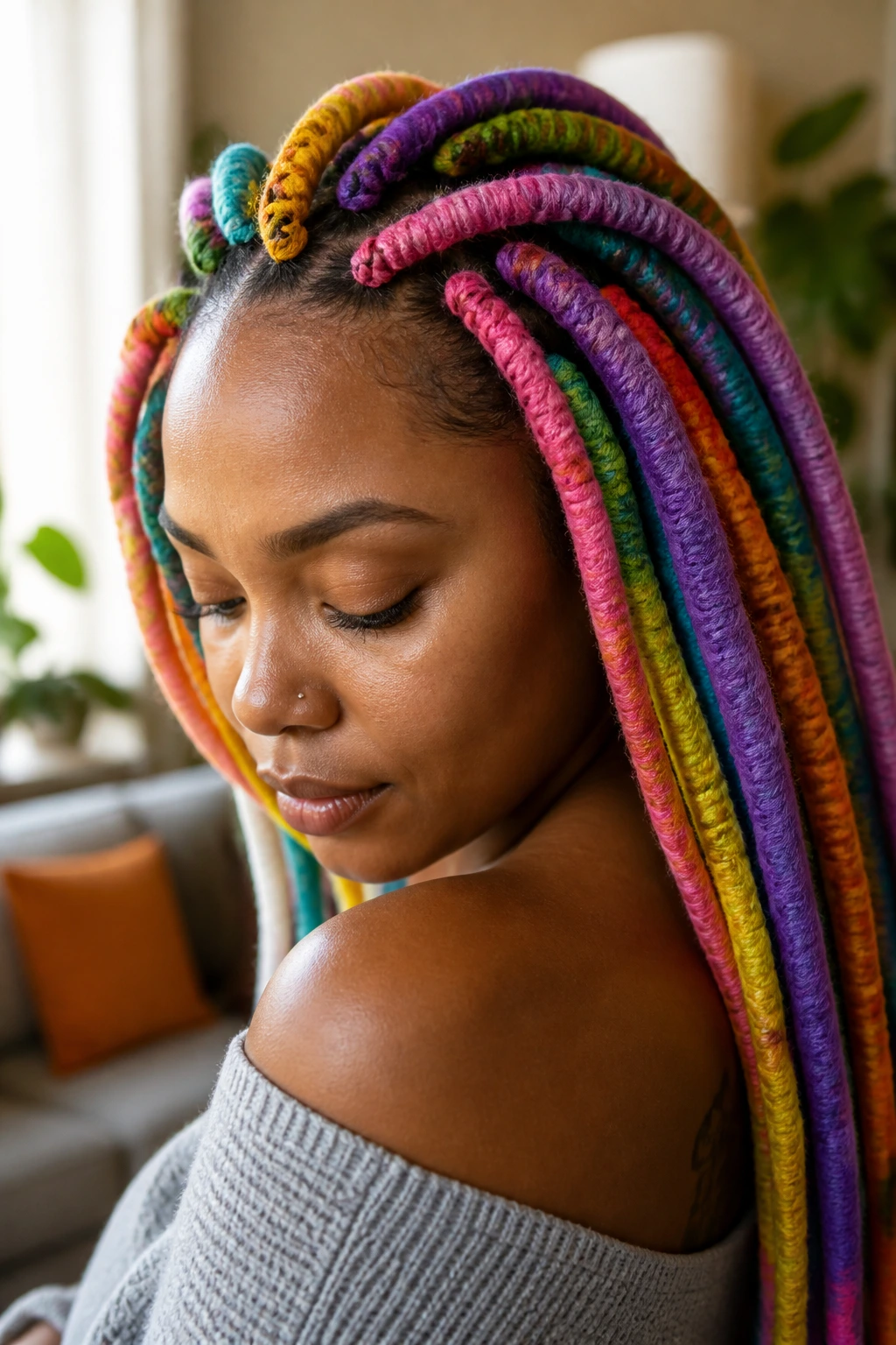 Close-up of yarn-wrapped braids on a real person in a cozy interior