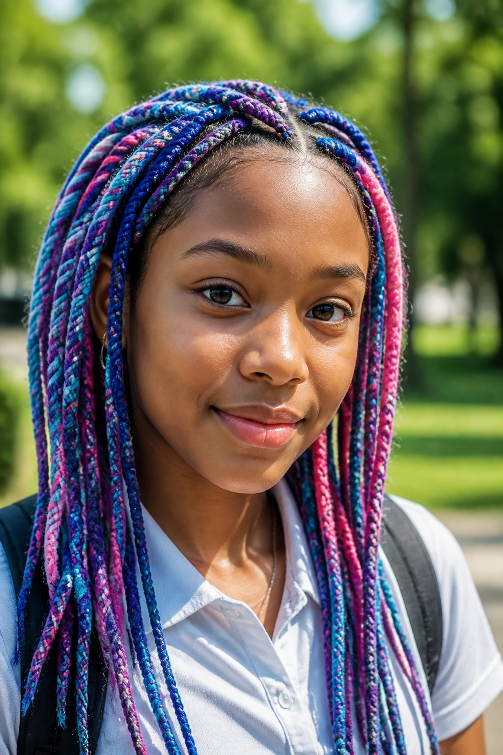 Close-up of yarn braids with colorful strands on a student outdoors