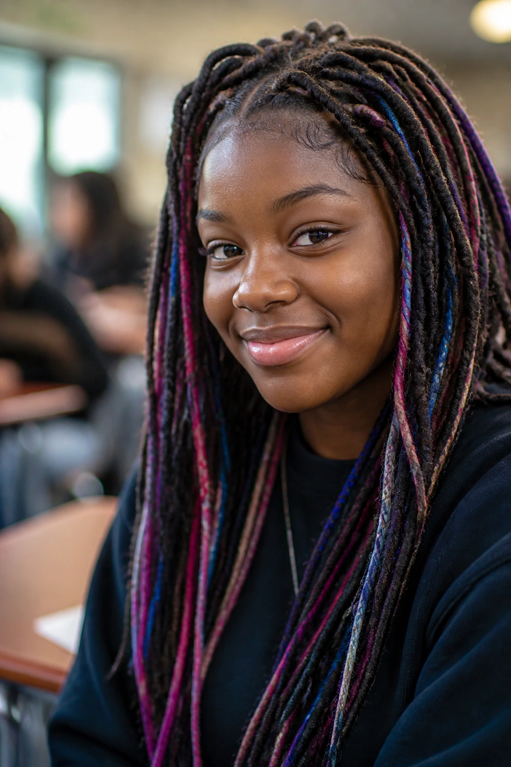 Close-up of a real student showing yarn braids or faux locs in a low-tension protective style.