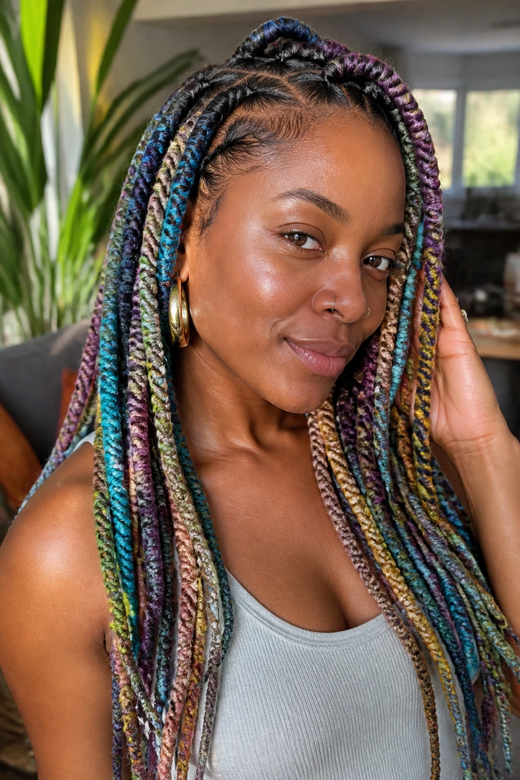Close-up of yarn braids in vibrant colors on a real person