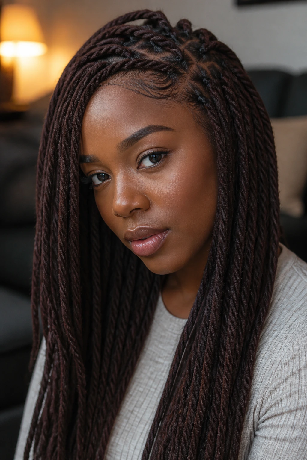 Close-up portrait of a person with yarn braids featuring matte texture