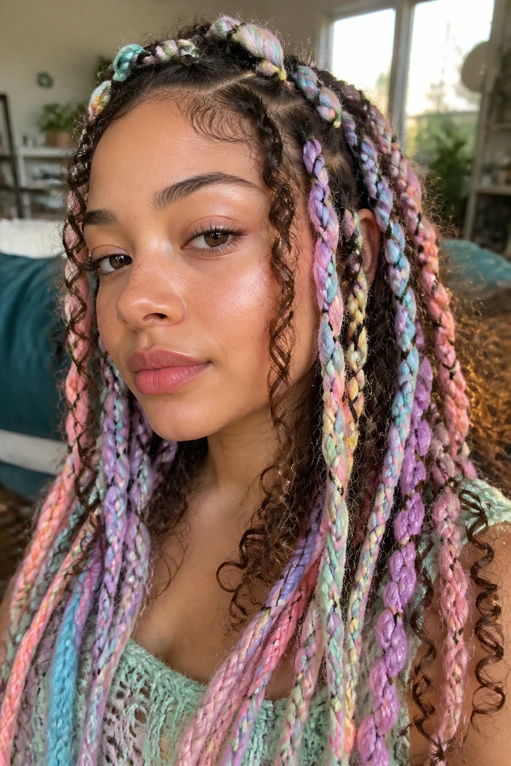Close-up of real person with pastel yarn braids