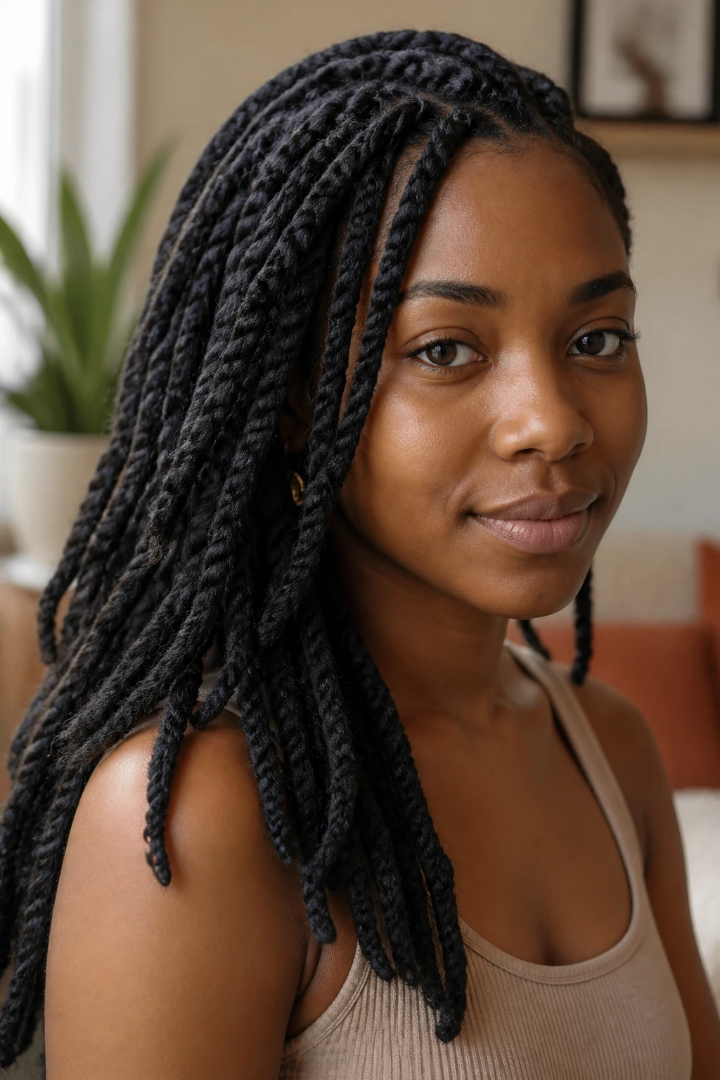 Close-up portrait of a real woman with yarn braids and a matte finish