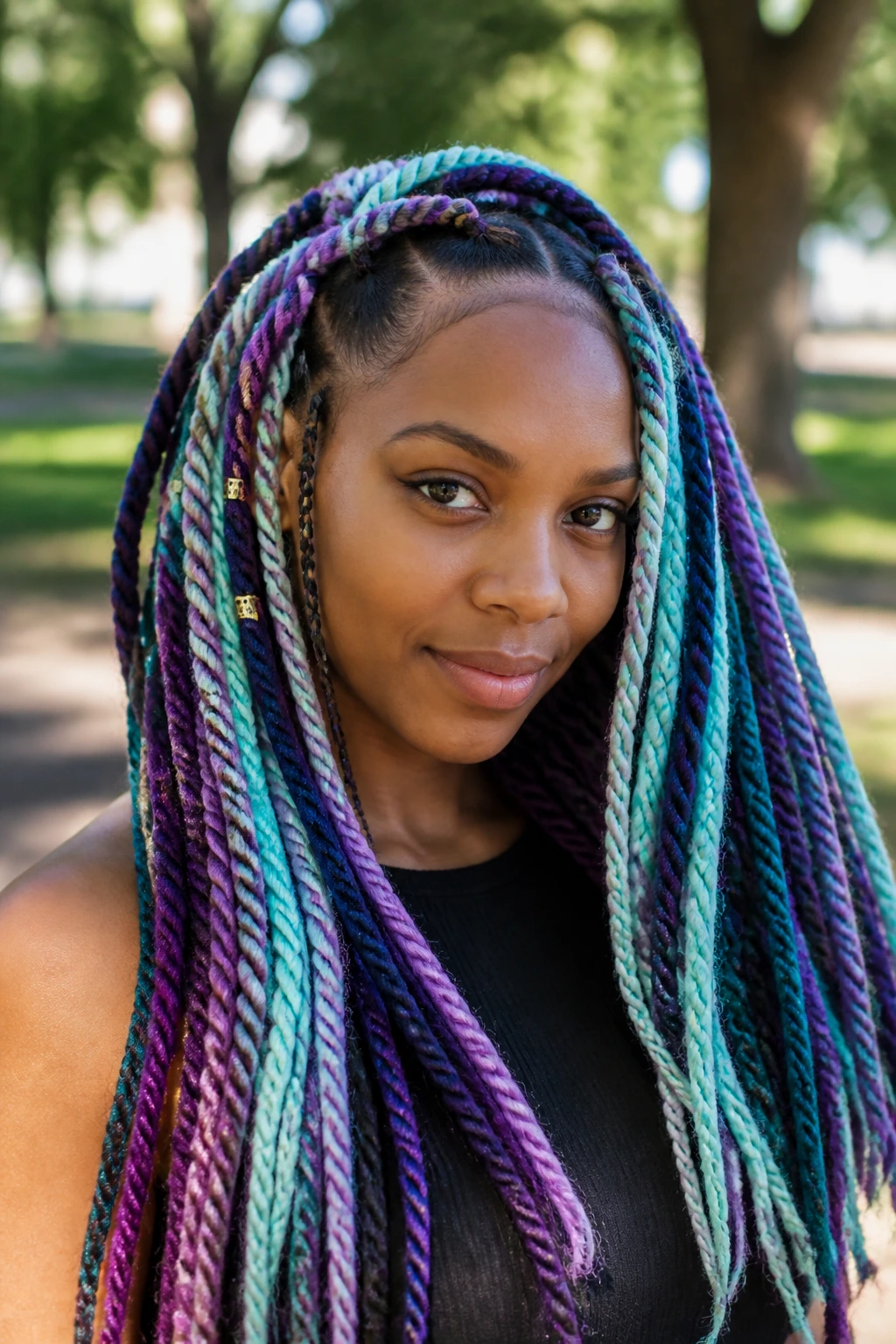 Yarn braids on a real person in a sunlit park