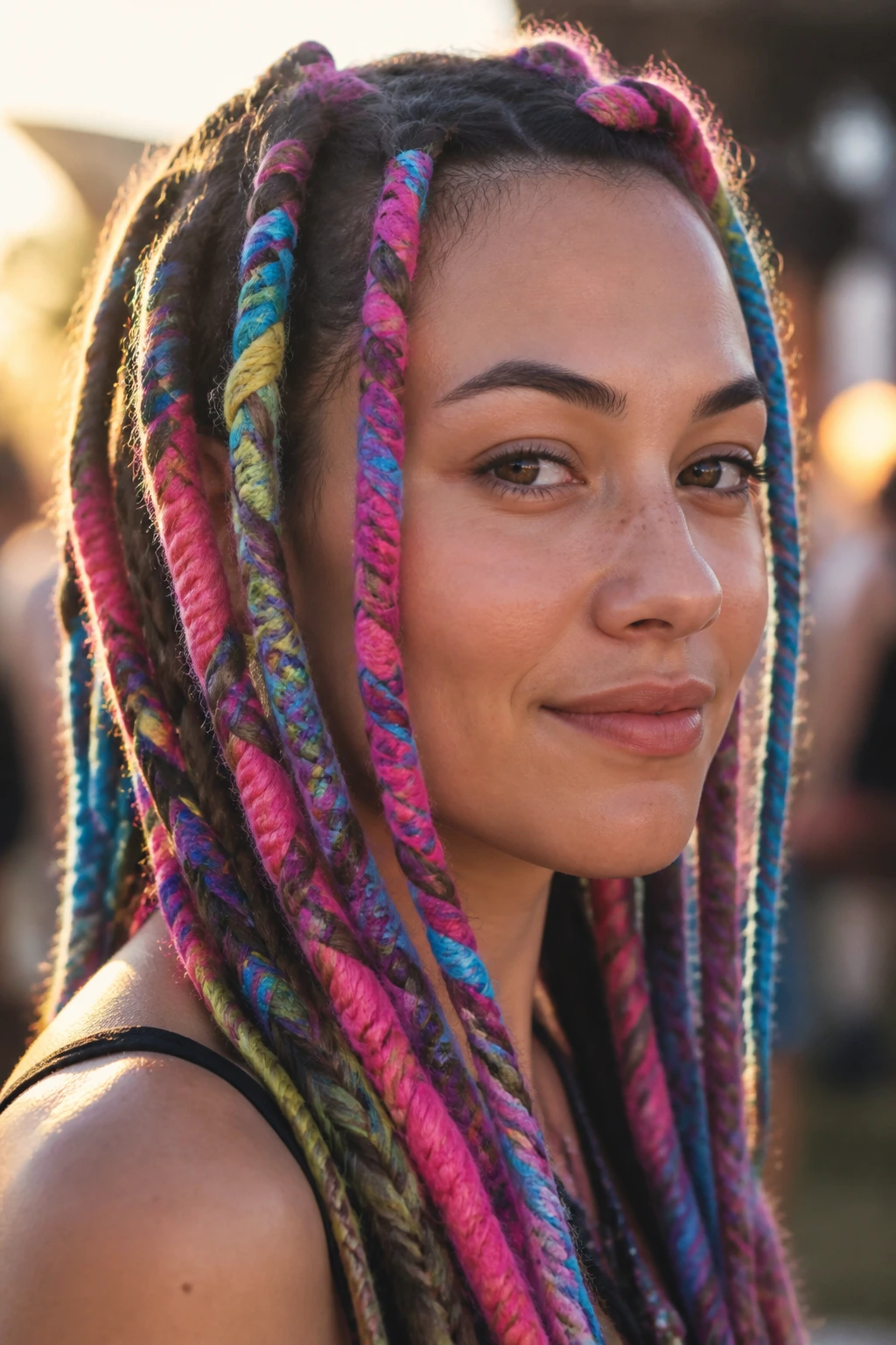 Close-up of a real woman with vibrant yarn-wrapped braids filling the frame