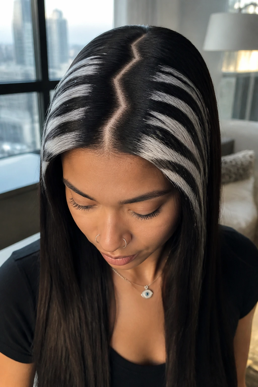 Portrait of a real person showing zebra-inspired streaks and a sharp parting in straight hair.