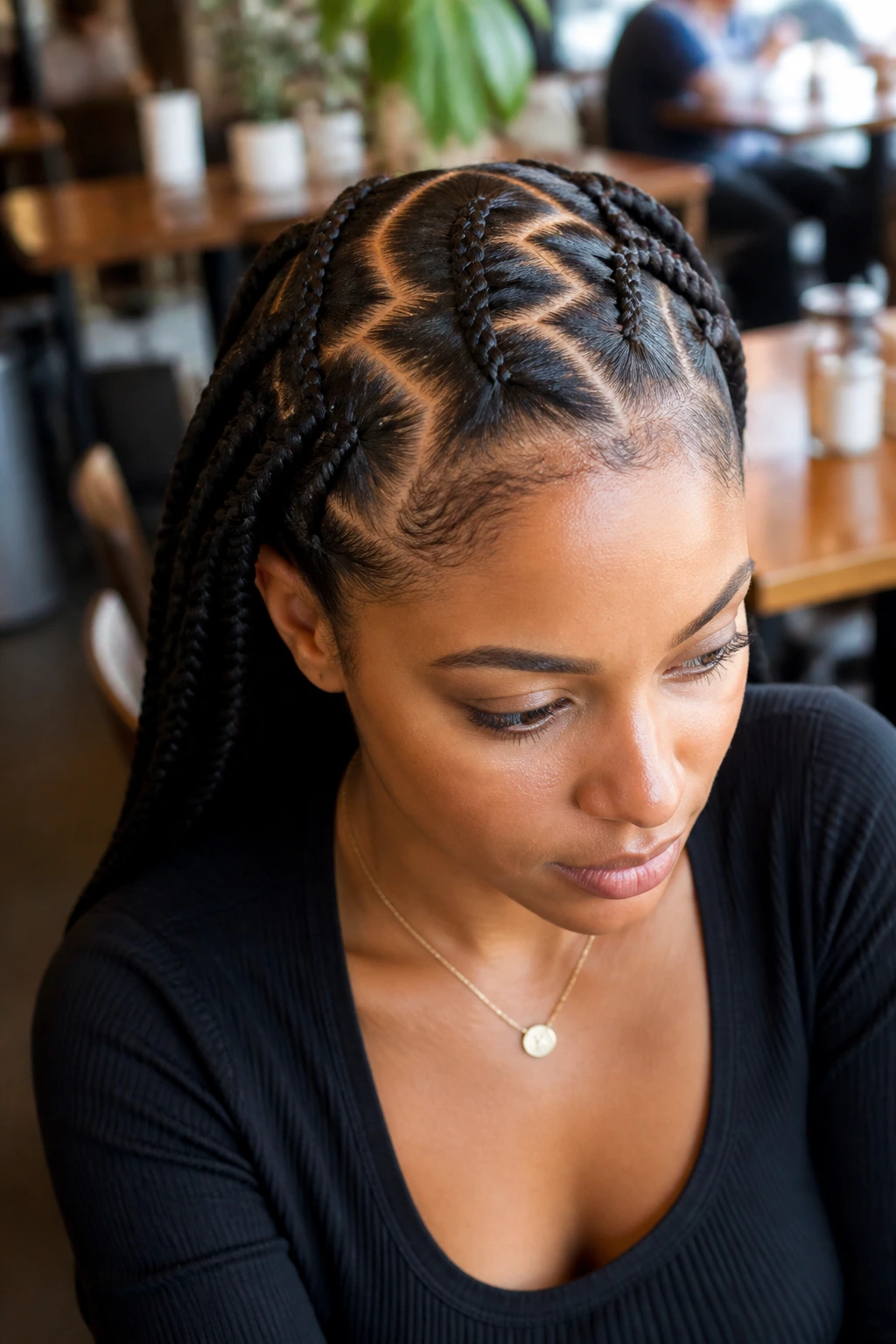 Real woman with zig-zag part braids close-up.