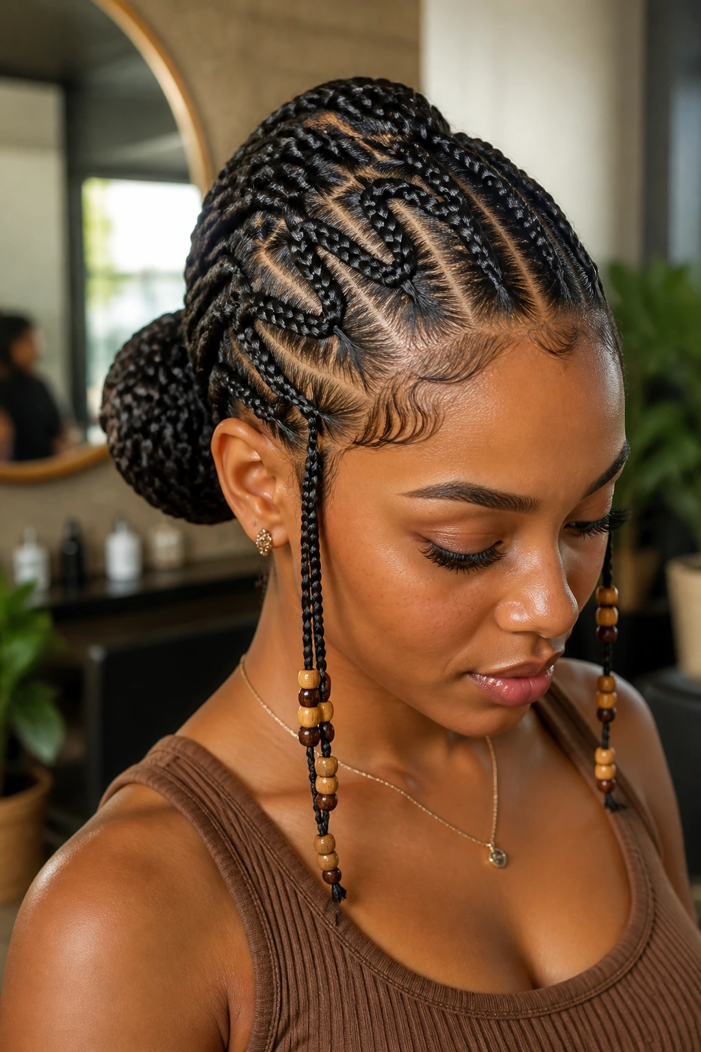 Medium close-up of a real woman with a zig-zag part transitioning to a bun