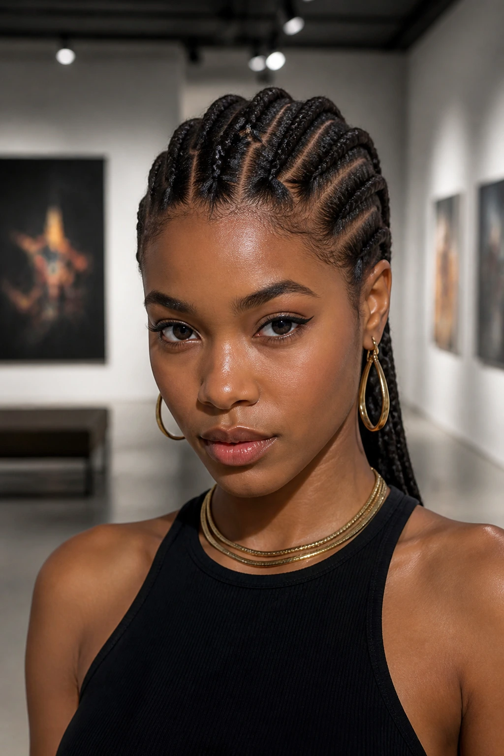 Portrait of woman with zig-zag cornrows under gallery lighting