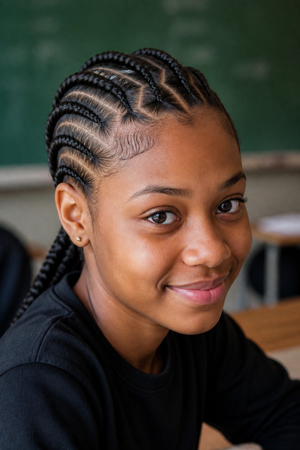 Portrait of a real student with zig-zag part cornrows in classroom