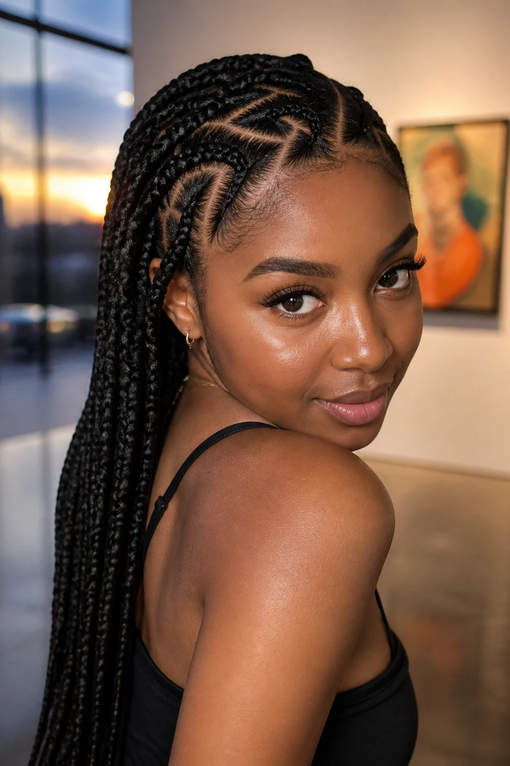 Close-up portrait showing zig-zag parting pattern in Ghana braids on a real person.