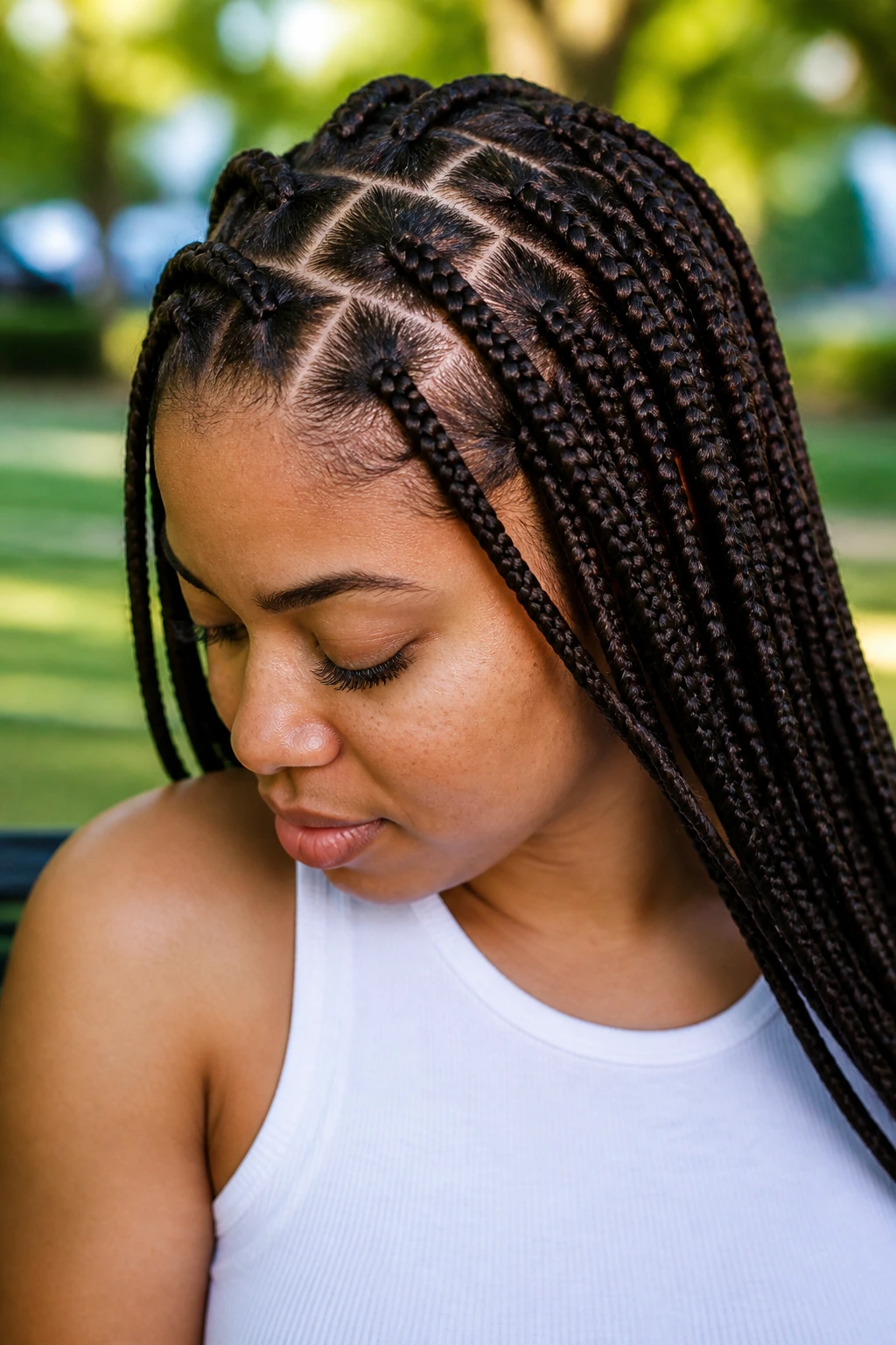 Close-up of real person with zig-zag part braids in an outdoor setting