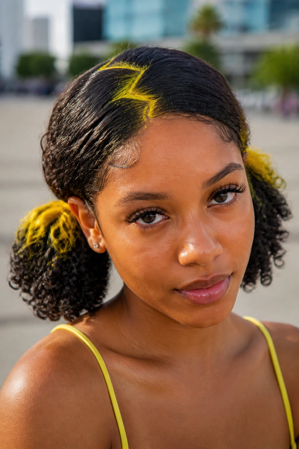 Close-up of a real woman with canary-yellow zig-zag part and pigtails