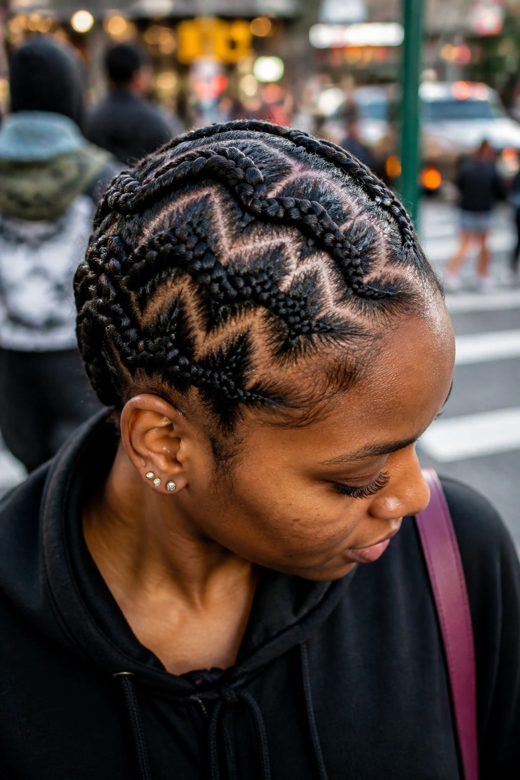 Close-up of a real woman with zig-zag parting Ghana braids on a city street