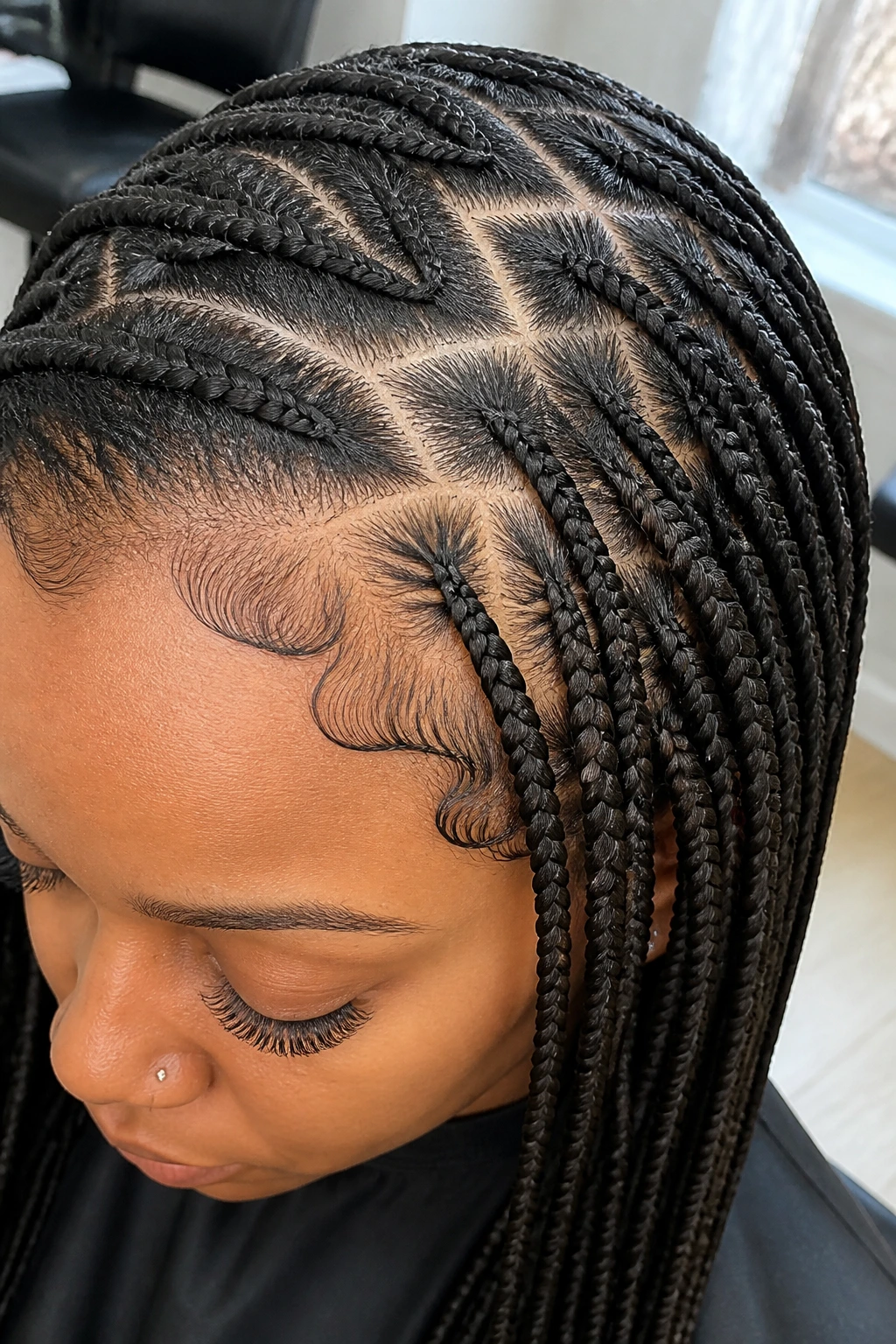 Close-up of zig-zag parting in fine pencil braids on a real person