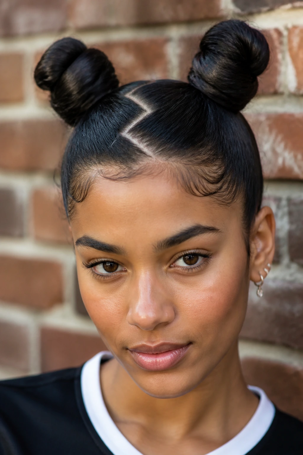 Front portrait of a real person with zig-zag parted space buns