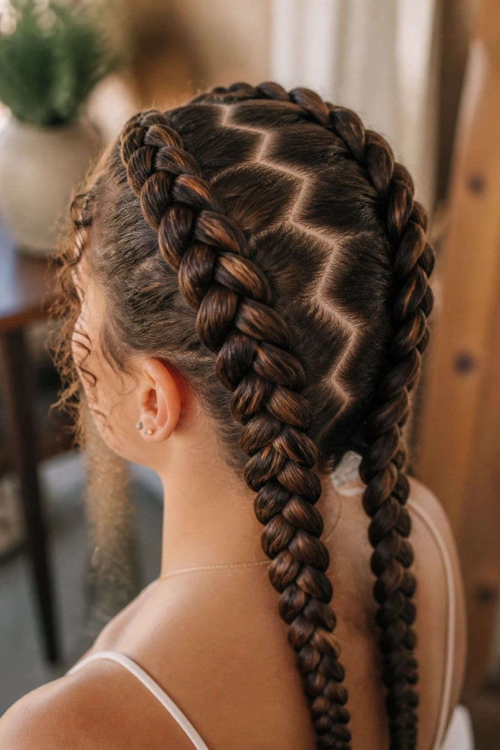 Close-up of a real person showing a zig-zag part with two Dutch braids along the back of the head, warm window-light setting.
