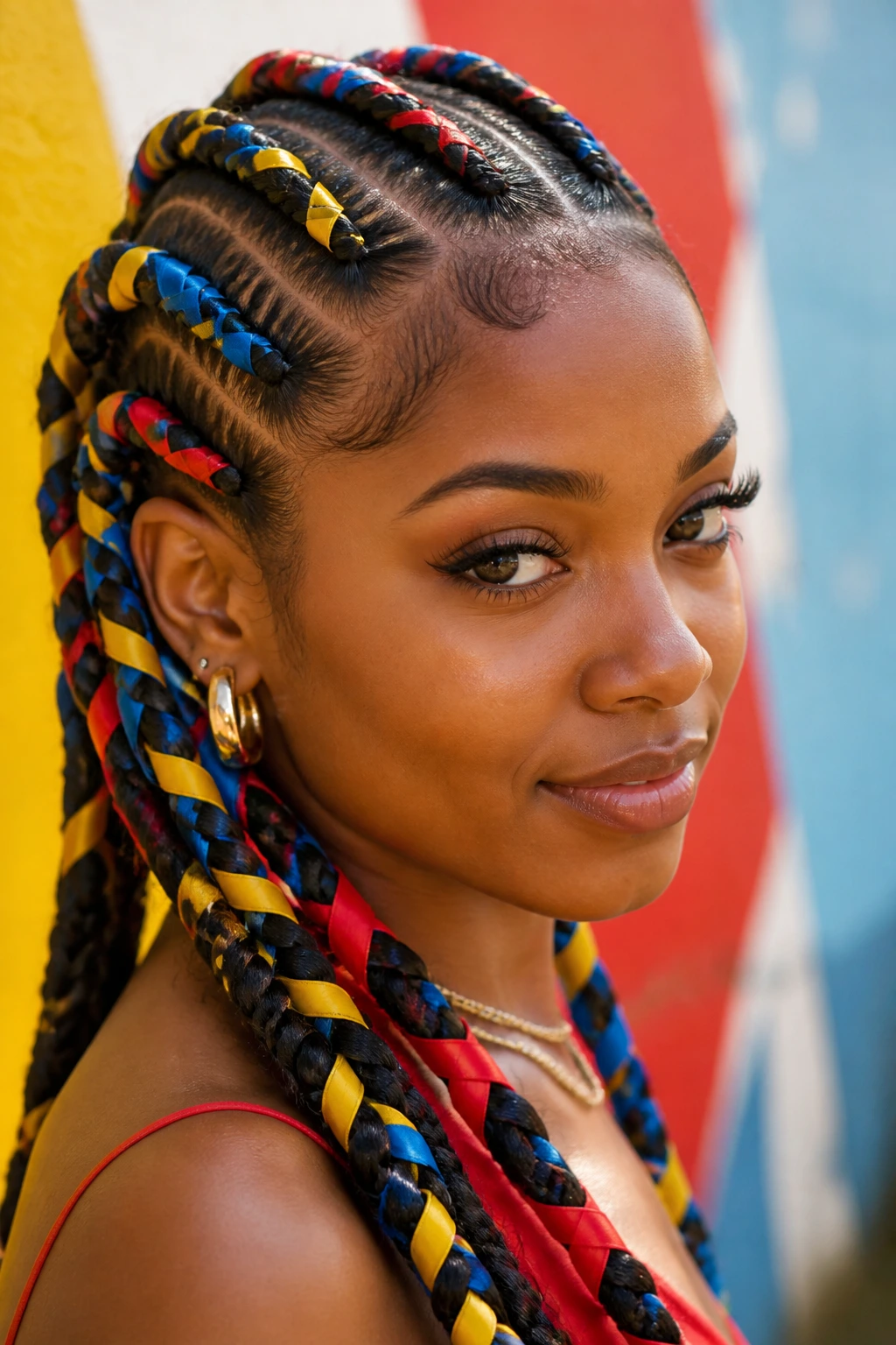 Close-up of zig-zag part braids with primary color ribbons on a real woman's head