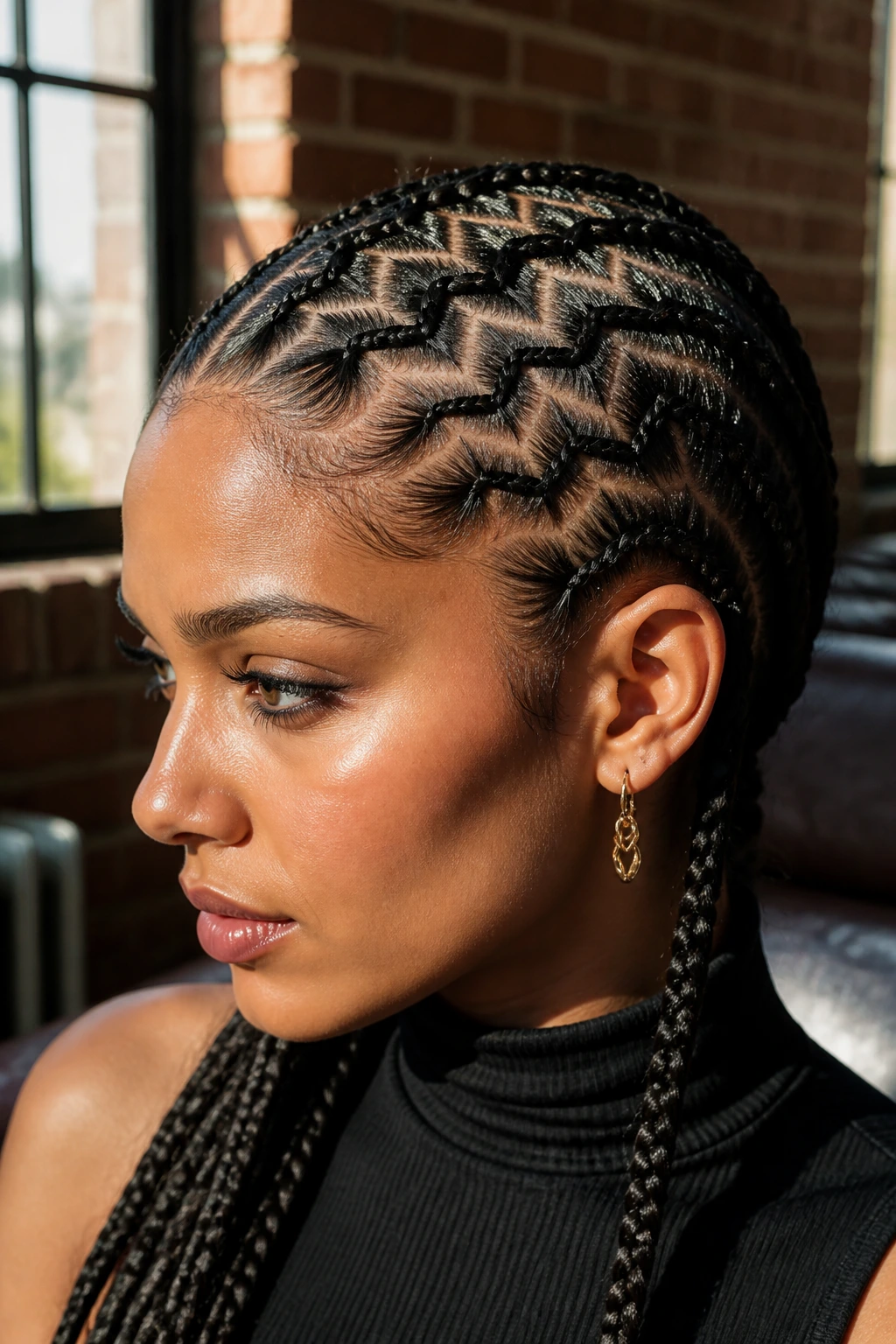 Close-up of a real woman with geometric zig-zag cornrow parts in an urban setting