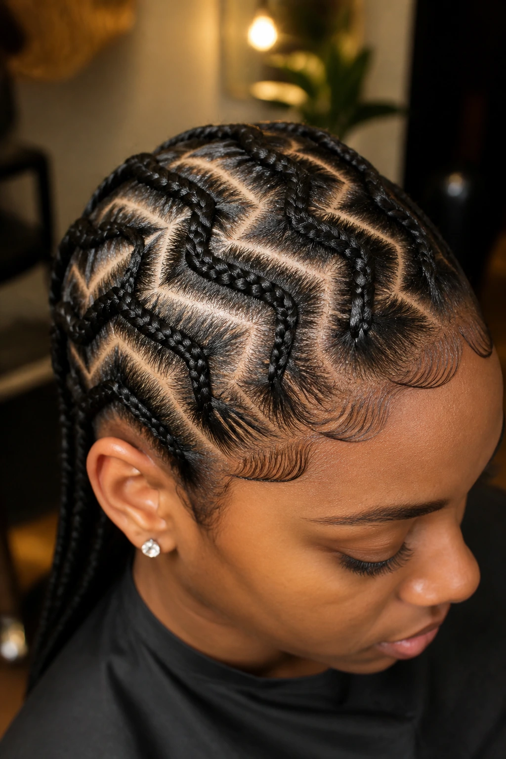 Close-up of zigzag interlocking cornrows on real person