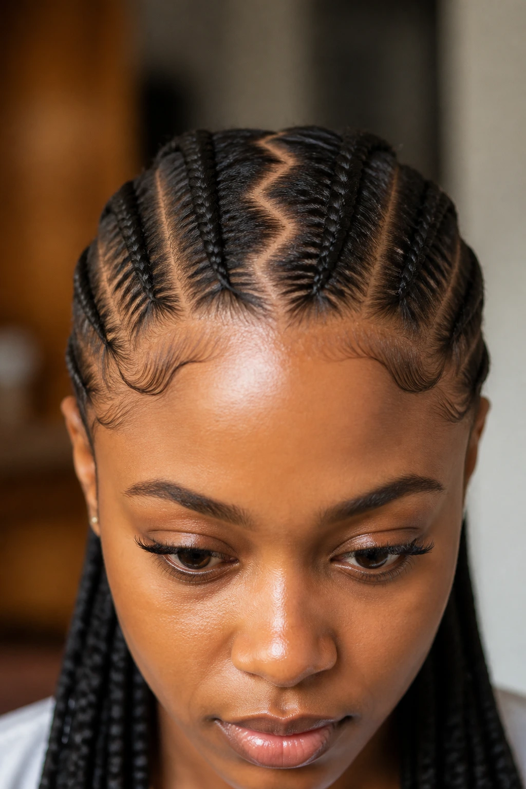 Front close-up of a real woman with bold zig-zag parted cornrows
