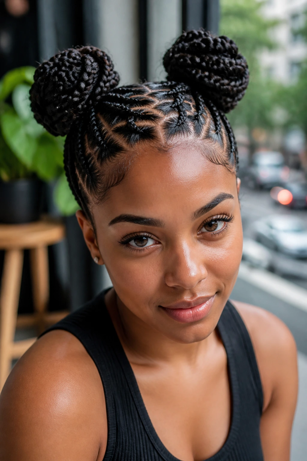 Close-up of a woman with zig-zag cornrows forming two high space buns.