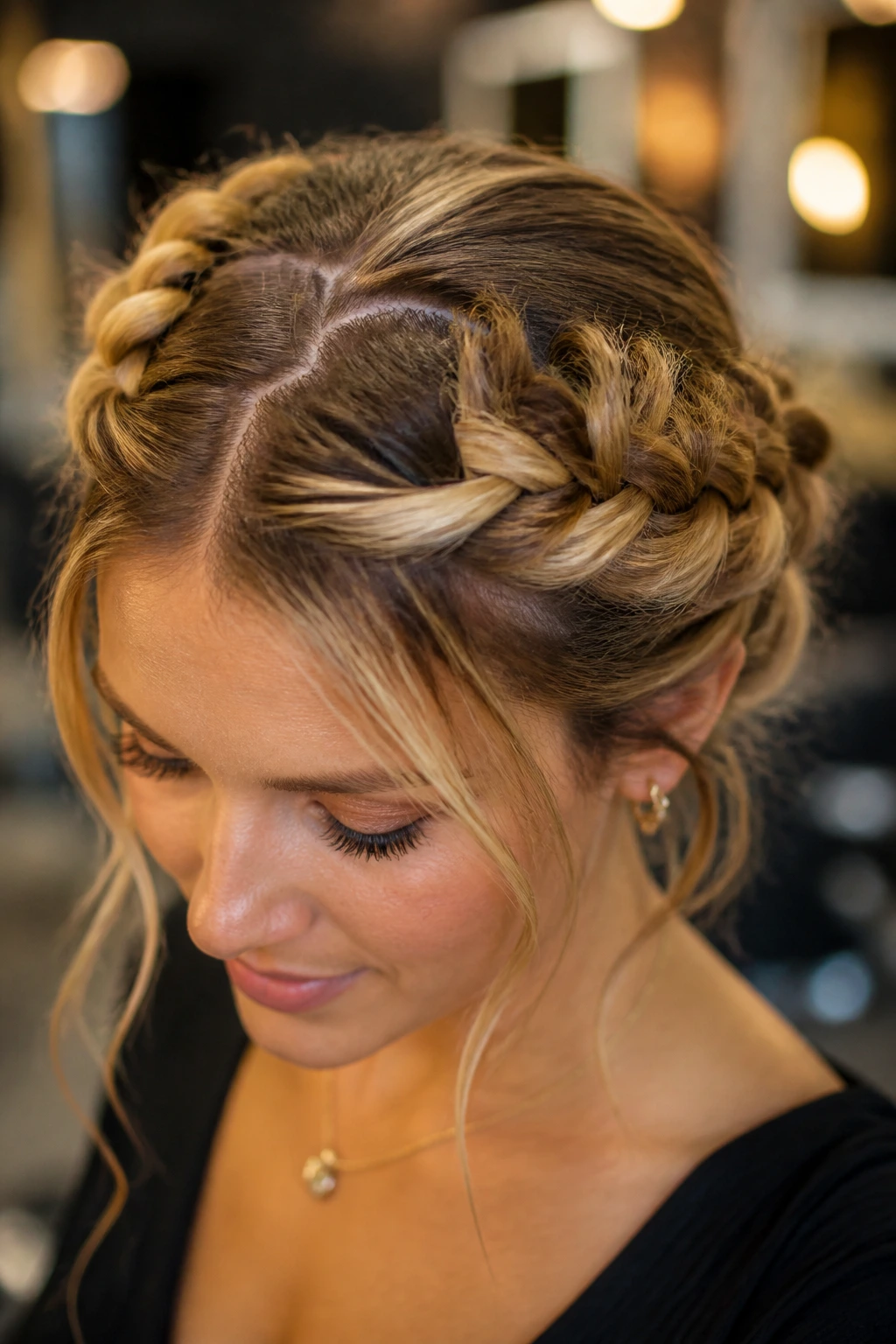 Close-up of a real woman wearing a crown braid with a zig-zag parting across the crown.