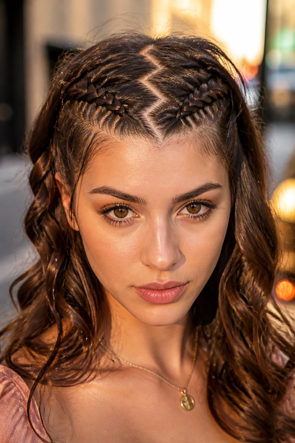 Close-up of a real woman with zig-zag partitioned French braided bangs