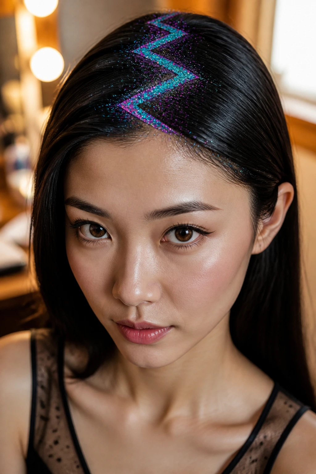Close-up portrait of a real person showing a zig-zag glitter part on straight dark hair