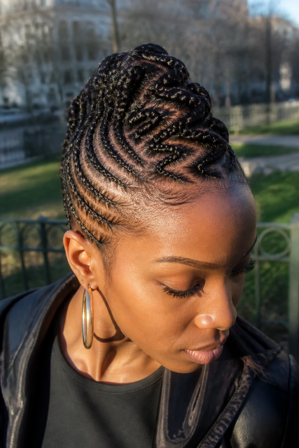 Close-up of zigzag central ridge cornrows on a real person