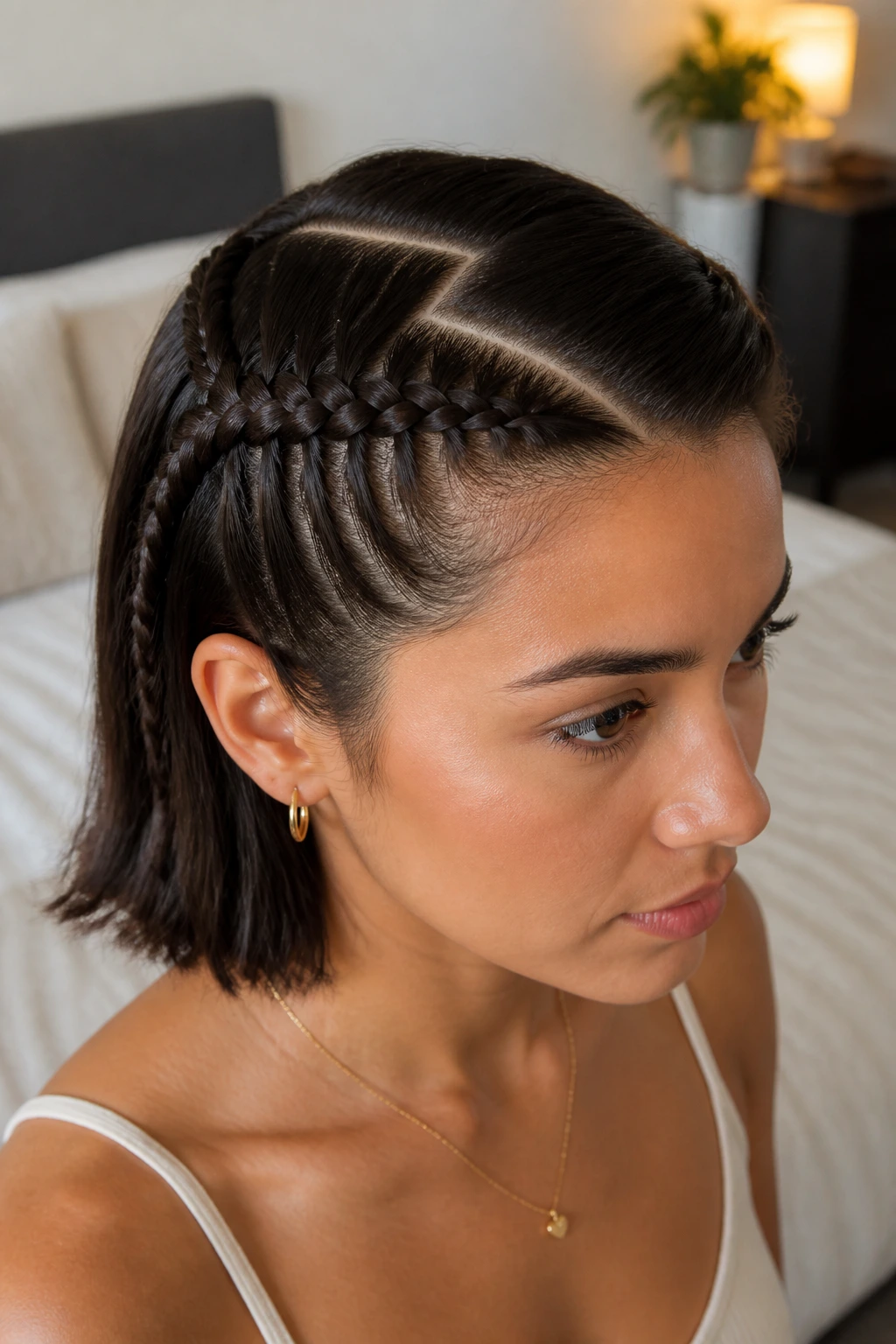 Close-up of zig-zag part with side braids on straight hair in bright room