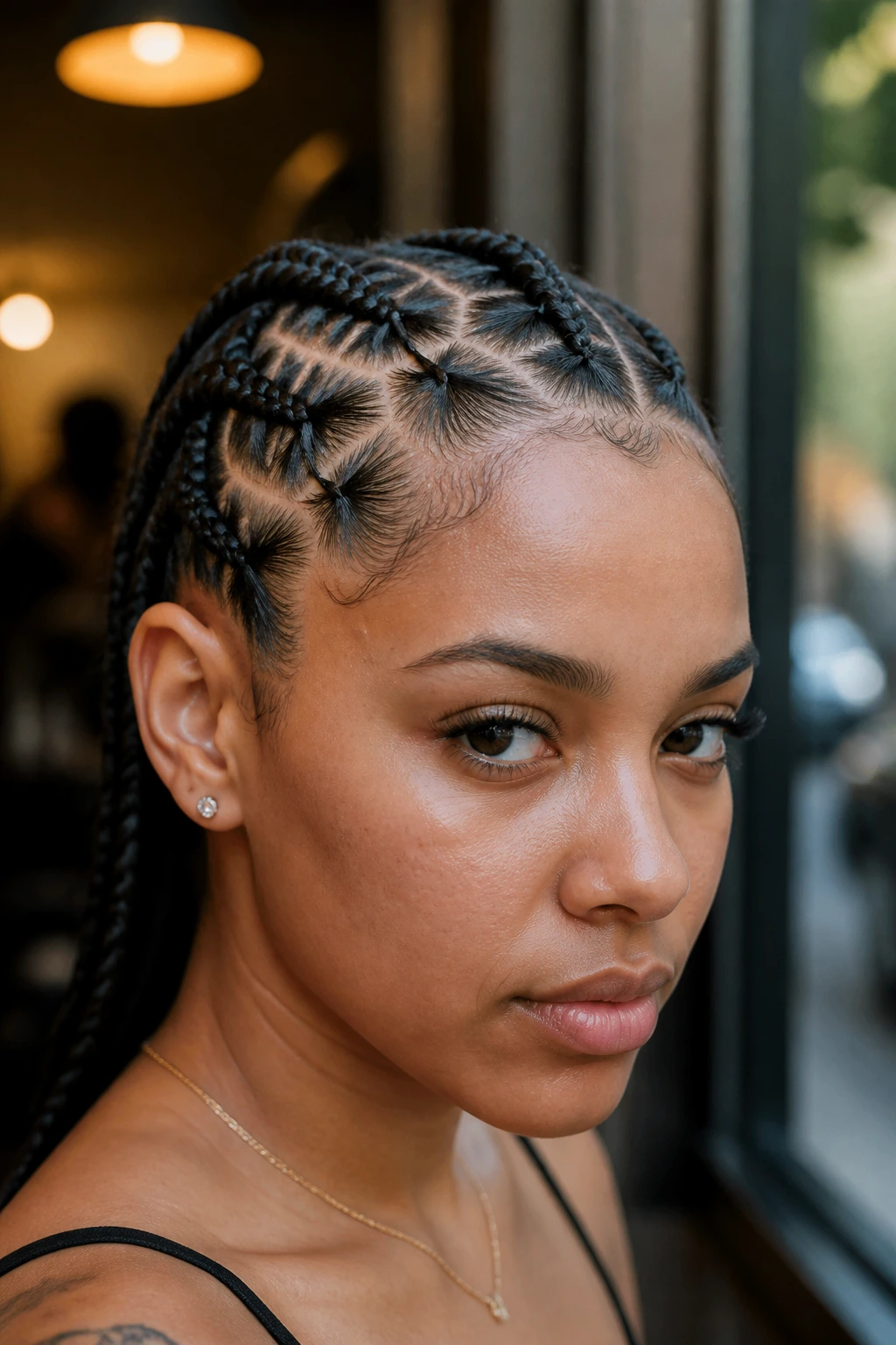 Close-up of zig-zag parted braids crisscrossing the hairline on a real woman