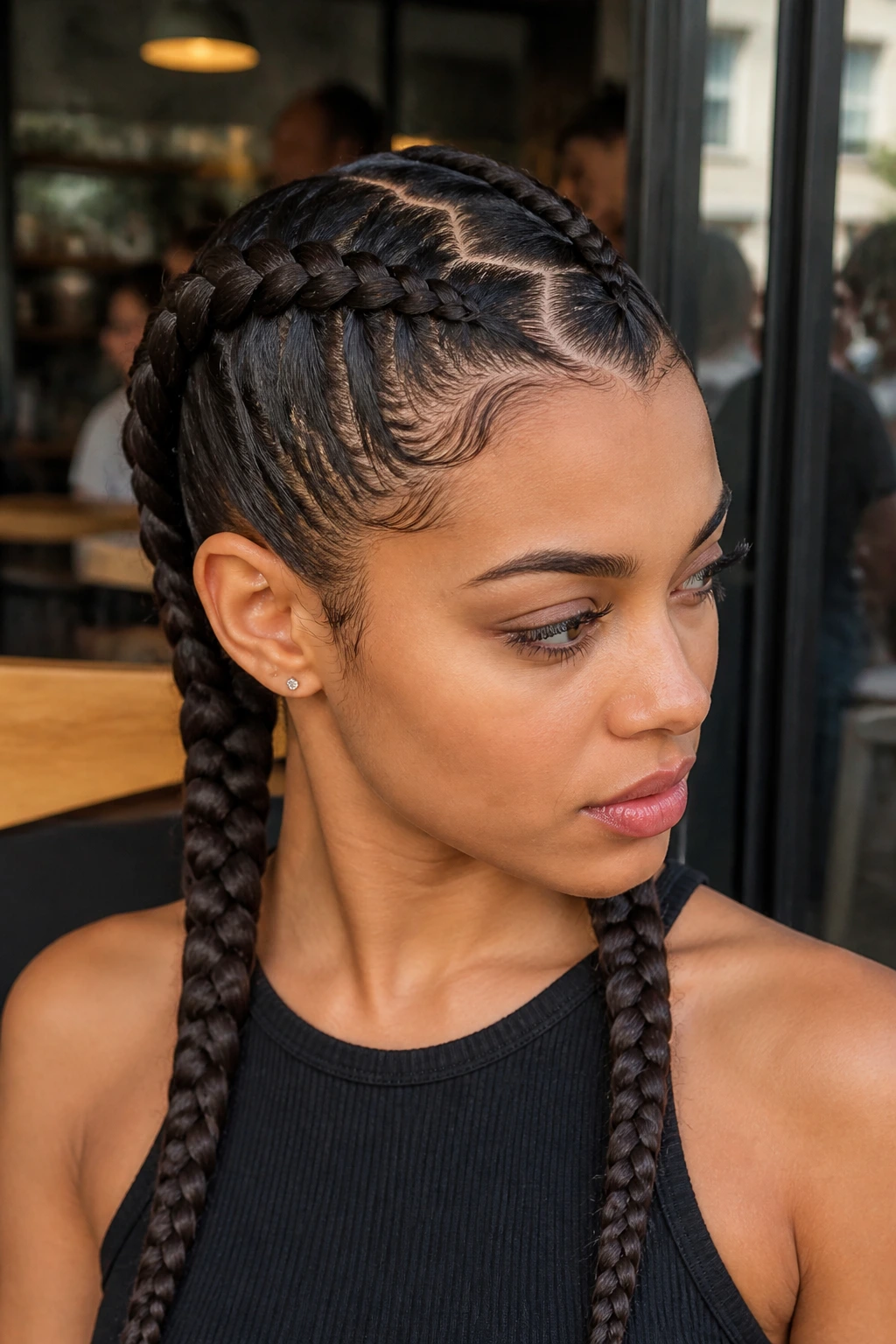 Close-up portrait of a real woman with zig-zag part double braids at a cafe window.