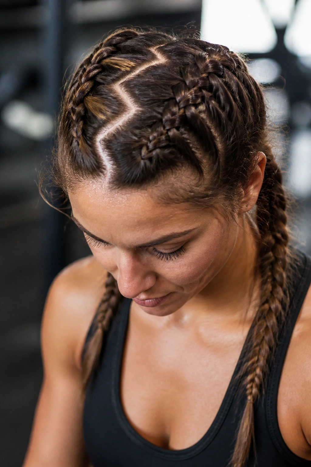 Close-up of a real woman with zig-zag part Dutch braids