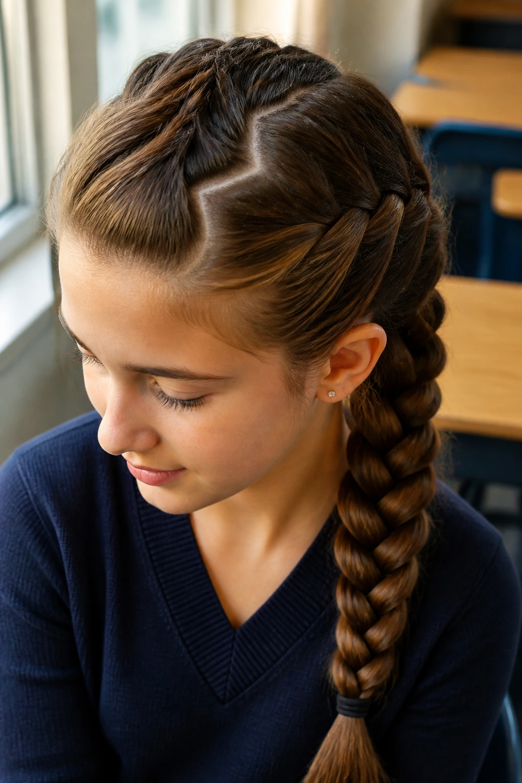 Close-up of a real person showing zig-zag part and French braid in natural daylight.